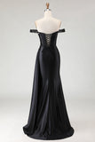 Off the Shoulder Black Mermaid Sequin Long Prom Dress with Slit