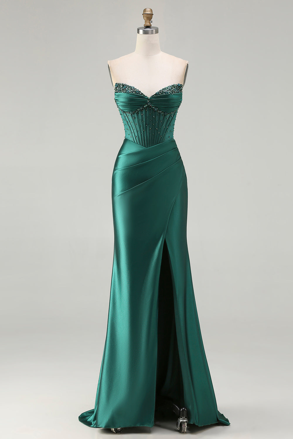 Zapaka Women Strapless Dark Green Long Prom Dress with Slit Beaded