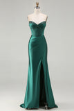 Dark Green Strapless Beaded Corset Long Prom Dress with Slit