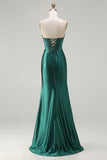 Dark Green Strapless Beaded Corset Long Prom Dress with Slit