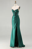 Dark Green Strapless Beaded Corset Long Prom Dress with Slit