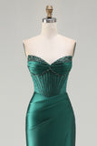 Dark Green Strapless Beaded Corset Long Prom Dress with Slit