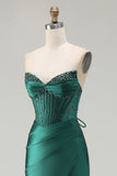Dark Green Strapless Beaded Corset Long Prom Dress with Slit
