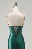 Dark Green Strapless Beaded Corset Long Prom Dress with Slit