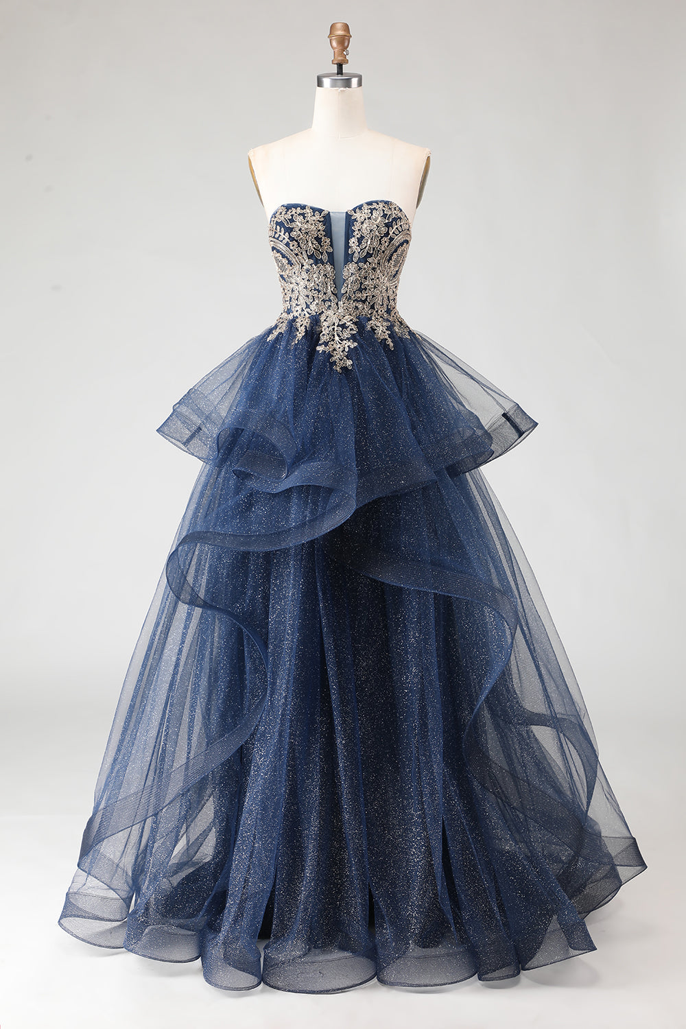 Zapaka Women Glitter Navy Long Prom Dress with Spiral Ruffles A Line Strapless Applique Evening Dress with Lace Up Back, Navy / US14 Zapaka Women Glitter Navy Long Prom Dress with Spiral Ruffles A Line Strapless Applique Evening Dress with Lace Up Back, Navy / US14