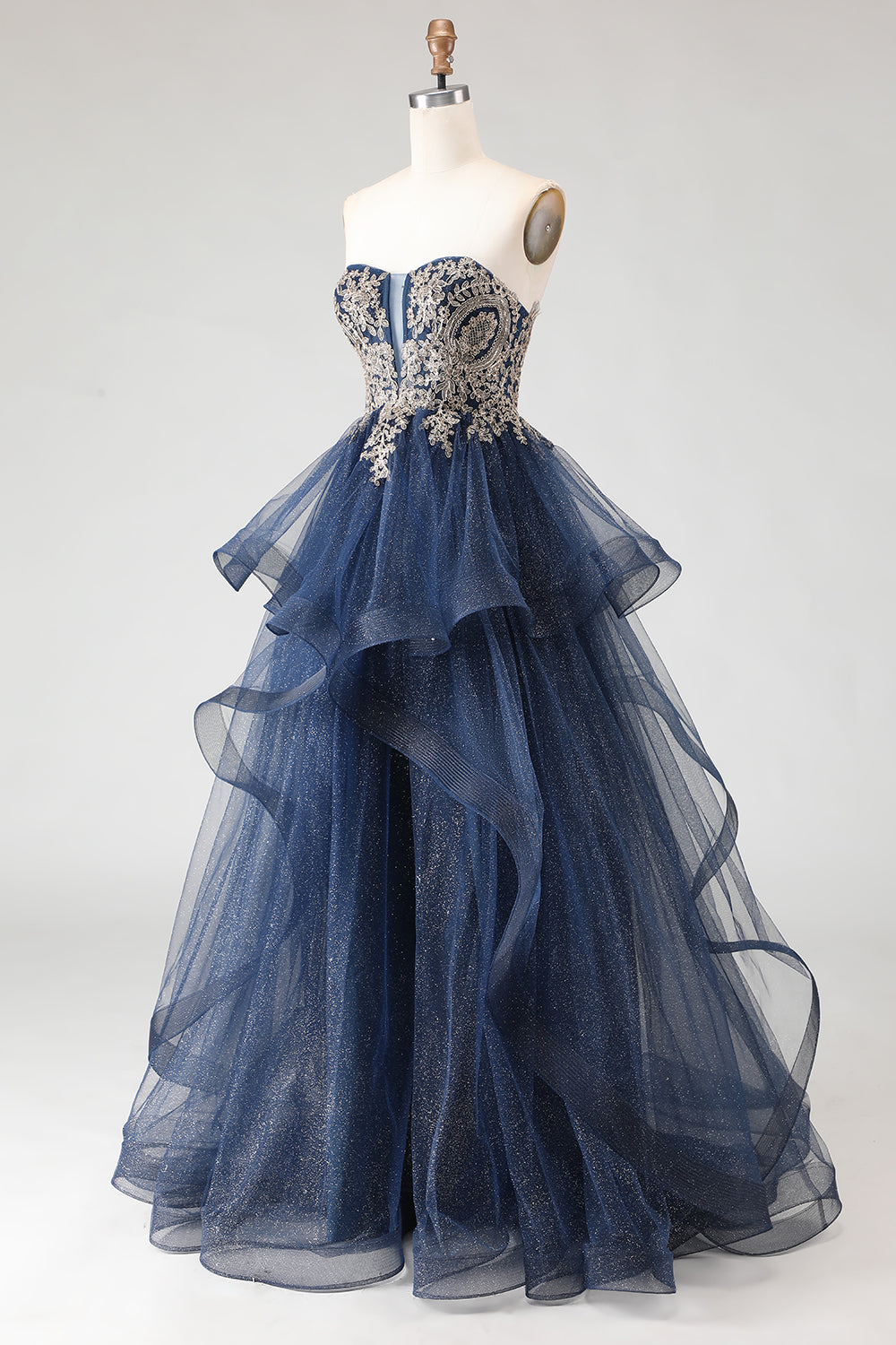 Zapaka Women Glitter Navy Long Prom Dress with Spiral Ruffles A Line Strapless Applique Evening Dress with Lace Up Back, Navy / US14 Zapaka Women Glitter Navy Long Prom Dress with Spiral Ruffles A Line Strapless Applique Evening Dress with Lace Up Back, Navy / US14