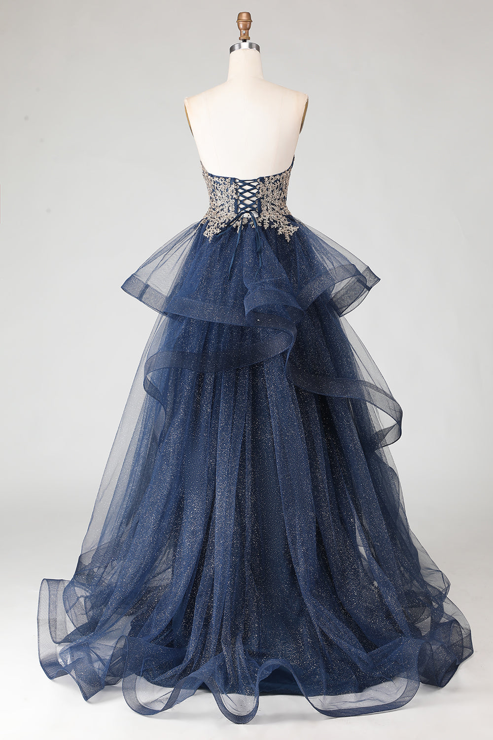 Zapaka Women Glitter Navy Long Prom Dress with Spiral Ruffles A Line Strapless Applique Evening Dress with Lace Up Back ZAPAKA Zapaka Women Glitter Navy Long Prom Dress with Spiral Ruffles A Line Strapless Applique Evening Dress with Lace Up Back ZAPAKA