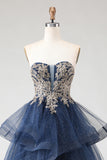 Glitter Navy A Line Strapless Applique Long Prom Dress with Spiral Ruffles
