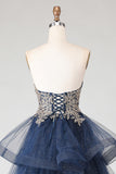 Glitter Navy A Line Strapless Applique Long Prom Dress with Spiral Ruffles