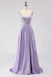 Purple A-Line Satin Sequins Backless Long Prom Dress with Slit