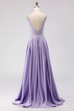 Purple A-Line Satin Sequins Backless Long Prom Dress with Slit