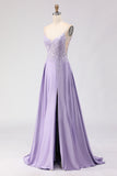 Purple A-Line Satin Sequins Backless Long Prom Dress with Slit