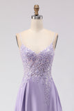 Purple A-Line Satin Sequins Backless Long Prom Dress with Slit