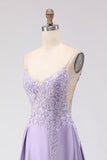 Purple A-Line Satin Sequins Backless Long Prom Dress with Slit