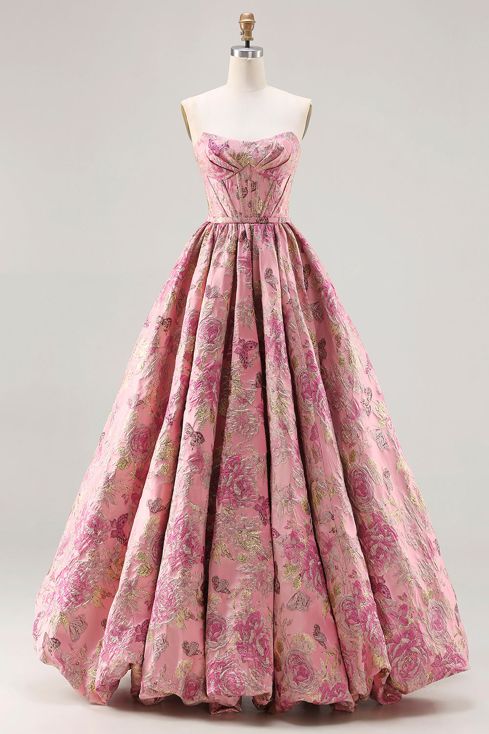 pink brocade dress Zapaka Women Pink Floral Long Prom Dress Strapless Jacquard Brocade Princess Corset Party Dress with Lace Up Back, Pink / US24W