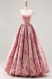 Strapless Pink Jacquard Corset Princess Floral Long Prom Dress with Lace Up Back