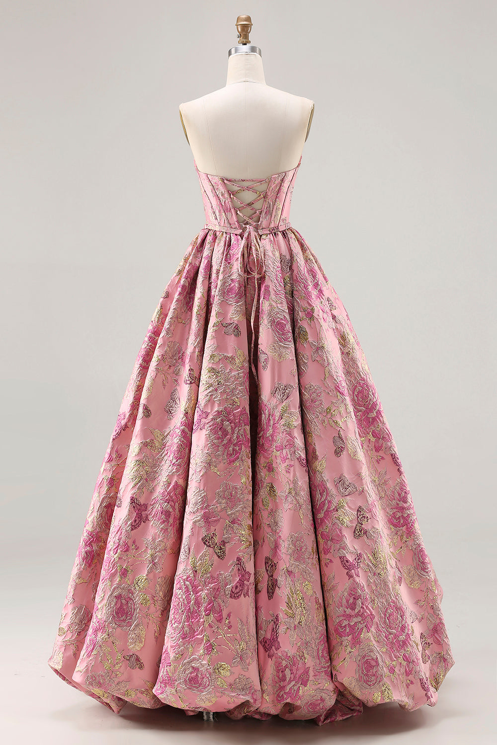 Zapaka Women Pink Floral Long Prom Dress Strapless Jacquard Brocade Princess Corset Party Dress with Lace Up Back, Pink / US24W Zapaka Women Pink Floral Long Prom Dress Strapless Jacquard Brocade Princess Corset Party Dress with Lace Up Back, Pink / US24W