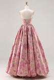 Strapless Pink Jacquard Corset Princess Floral Long Prom Dress with Lace Up Back