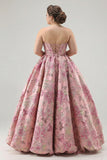 Princess Pink Floral Strapless Corset Long Plus Size Prom Dress with Lace Up Back