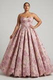 Princess Pink Floral Strapless Corset Long Plus Size Prom Dress with Lace Up Back
