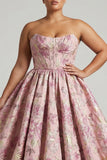 Princess Pink Floral Strapless Corset Long Plus Size Prom Dress with Lace Up Back