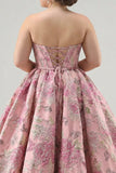 Princess Pink Floral Strapless Corset Long Plus Size Prom Dress with Lace Up Back