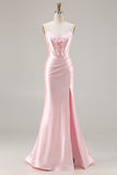 Pink Mermaid Corset Lace Up Back Long Prom Dress with Slit