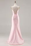 Pink Mermaid Corset Lace Up Back Long Prom Dress with Slit