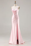 Pink Mermaid Corset Lace Up Back Long Prom Dress with Slit