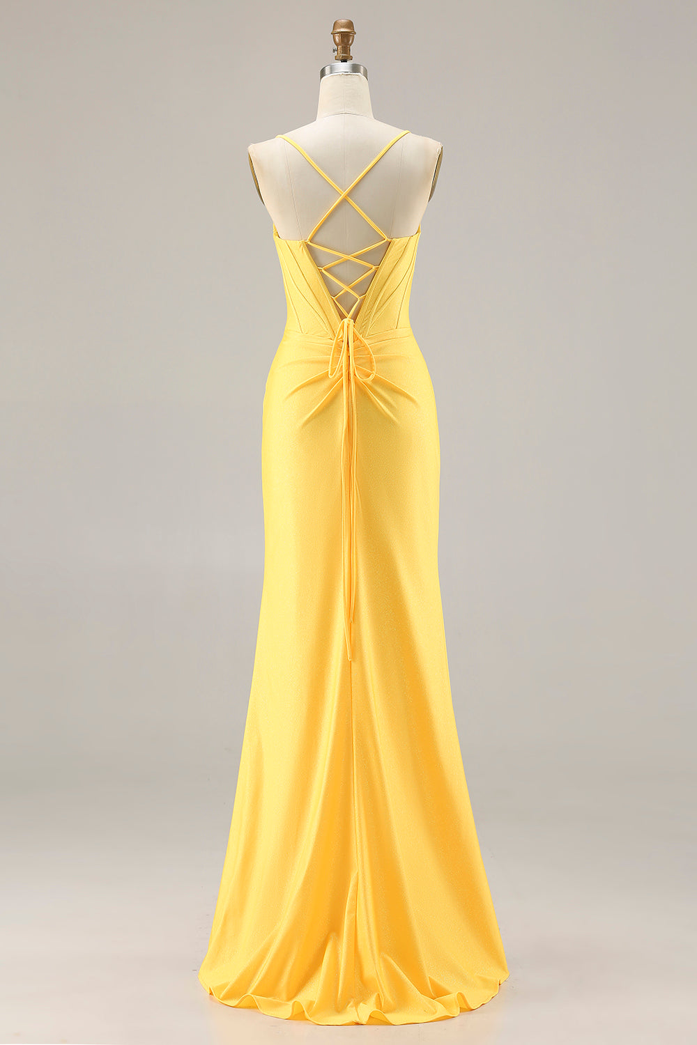 Zapaka Women Glitter Yellow Mermaid Long Prom Dress with Slit Beaded Spaghetti Straps Corset Satin Lace Up Back Formal Dress, Yellow / US8 Zapaka Women Glitter Yellow Mermaid Long Prom Dress with Slit Beaded Spaghetti Straps Corset Satin Lace Up Back Formal Dress, Yellow / US8