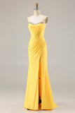 Glitter Yellow Mermaid Beaded Corset Lace Up Back Long Prom Dress with Slit