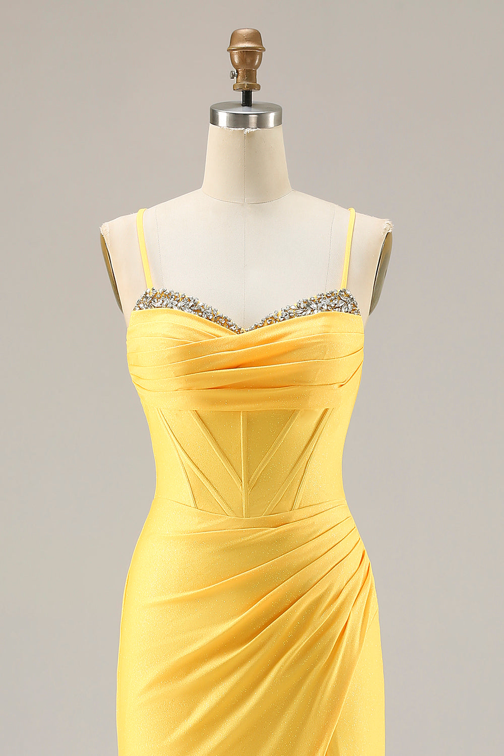 Zapaka Women Glitter Yellow Mermaid Long Prom Dress with Slit Beaded Spaghetti Straps Corset Satin Lace Up Back Formal Dress, Yellow / US8 Zapaka Women Glitter Yellow Mermaid Long Prom Dress with Slit Beaded Spaghetti Straps Corset Satin Lace Up Back Formal Dress, Yellow / US8