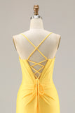 Glitter Yellow Mermaid Beaded Corset Lace Up Back Long Prom Dress with Slit