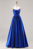 Royal Blue A-Line Beaded Satin Long Prom Dress with Lace Up Back
