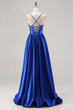 Royal Blue A-Line Beaded Satin Long Prom Dress with Lace Up Back