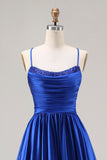 Royal Blue A-Line Beaded Satin Long Prom Dress with Lace Up Back