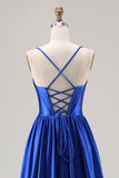 Royal Blue A-Line Beaded Satin Long Prom Dress with Lace Up Back