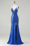 Royal Blue Mermaid Beaded Satin Long Prom Dress with Slit