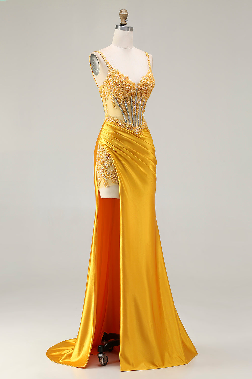 Zapaka Women Sparkly Yellow Long Prom Dress with Slit Mermaid Sequin Corset Rhinestones Party Dress with Lace Up Back, Yellow / US12 Zapaka Women Sparkly Yellow Long Prom Dress with Slit Mermaid Sequin Corset Rhinestones Party Dress with Lace Up Back, Yellow / US12