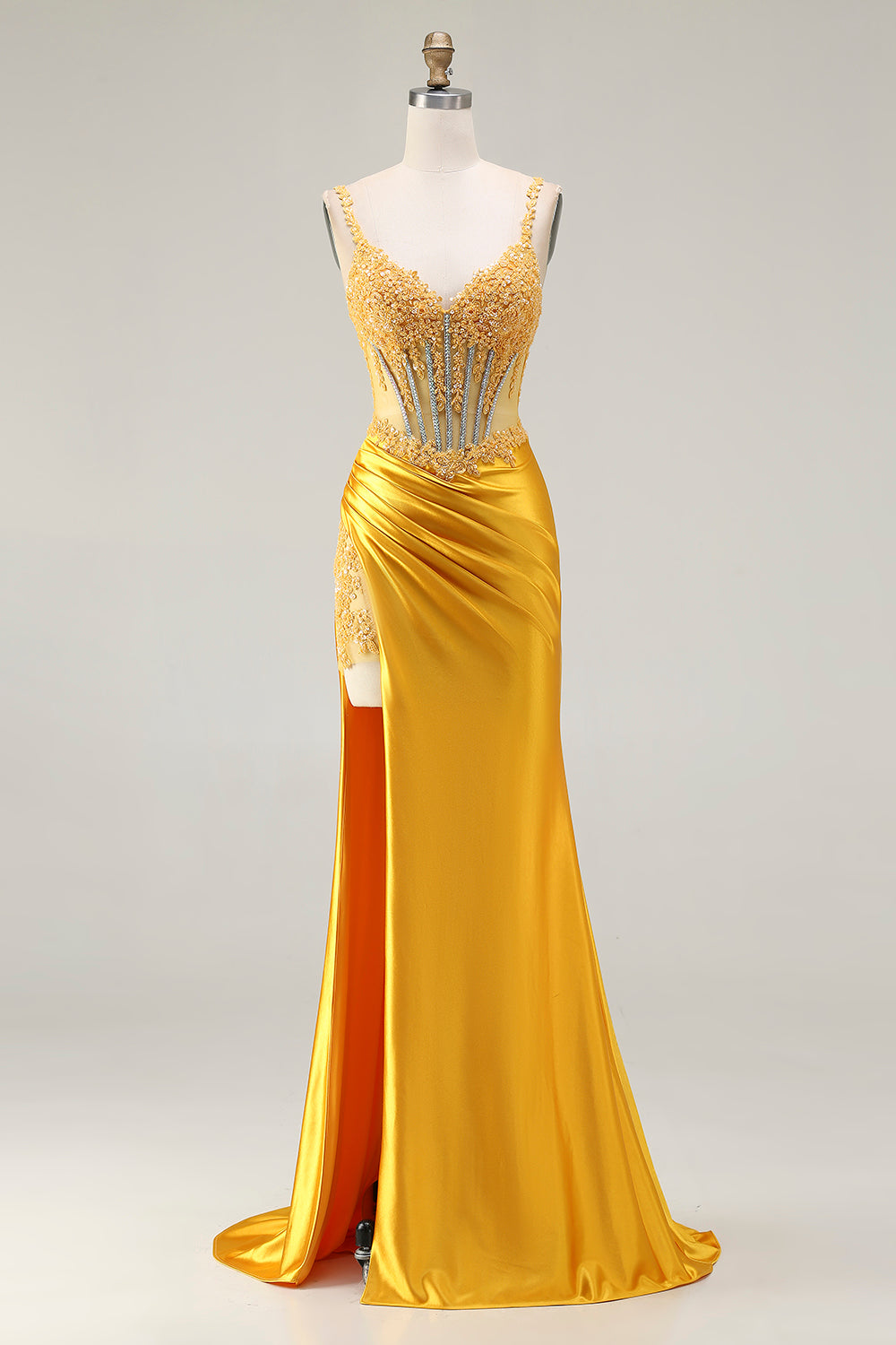 Zapaka Women Sparkly Yellow Long Prom Dress with Slit Mermaid Sequin Corset Rhinestones Party Dress with Lace Up Back, Yellow / US12 Zapaka Women Sparkly Yellow Long Prom Dress with Slit Mermaid Sequin Corset Rhinestones Party Dress with Lace Up Back, Yellow / US12