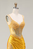 Sparkly Yellow Mermaid Sequin Corset Rhinestones Long Prom Dress with Slit