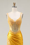 Sparkly Yellow Mermaid Sequin Corset Rhinestones Long Prom Dress with Slit