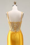 Sparkly Yellow Mermaid Sequin Corset Rhinestones Long Prom Dress with Slit