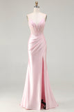Pink Mermaid Beaded Corset Ruched Long Prom Dress with Slit