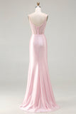 Pink Mermaid Beaded Corset Ruched Long Prom Dress with Slit