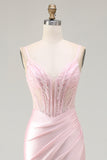 Pink Mermaid Beaded Corset Ruched Long Prom Dress with Slit