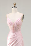 Pink Mermaid Beaded Corset Ruched Long Prom Dress with Slit