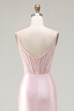 Pink Mermaid Beaded Corset Ruched Long Prom Dress with Slit