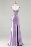 Sparkly Light Purple Mermaid Seuqin Ruched Long Prom Dress with Slit