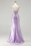 Sparkly Light Purple Mermaid Seuqin Ruched Long Prom Dress with Slit